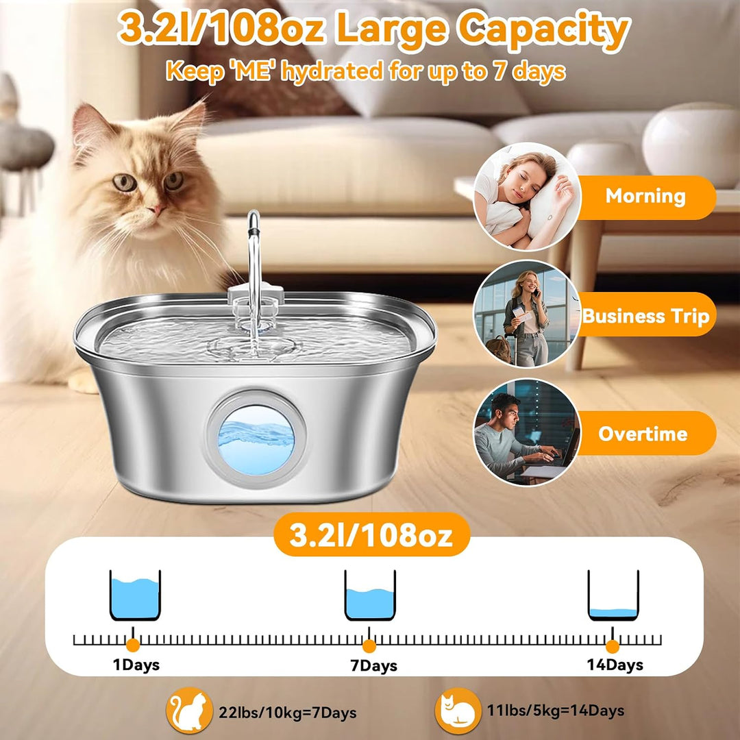Katzenbrunnen‌, ‌Edelstahl-Trinkbrunnen für Katzen‌, 3,2L Trinkbrunnen für Katze mit 3 Filterkern, ‌