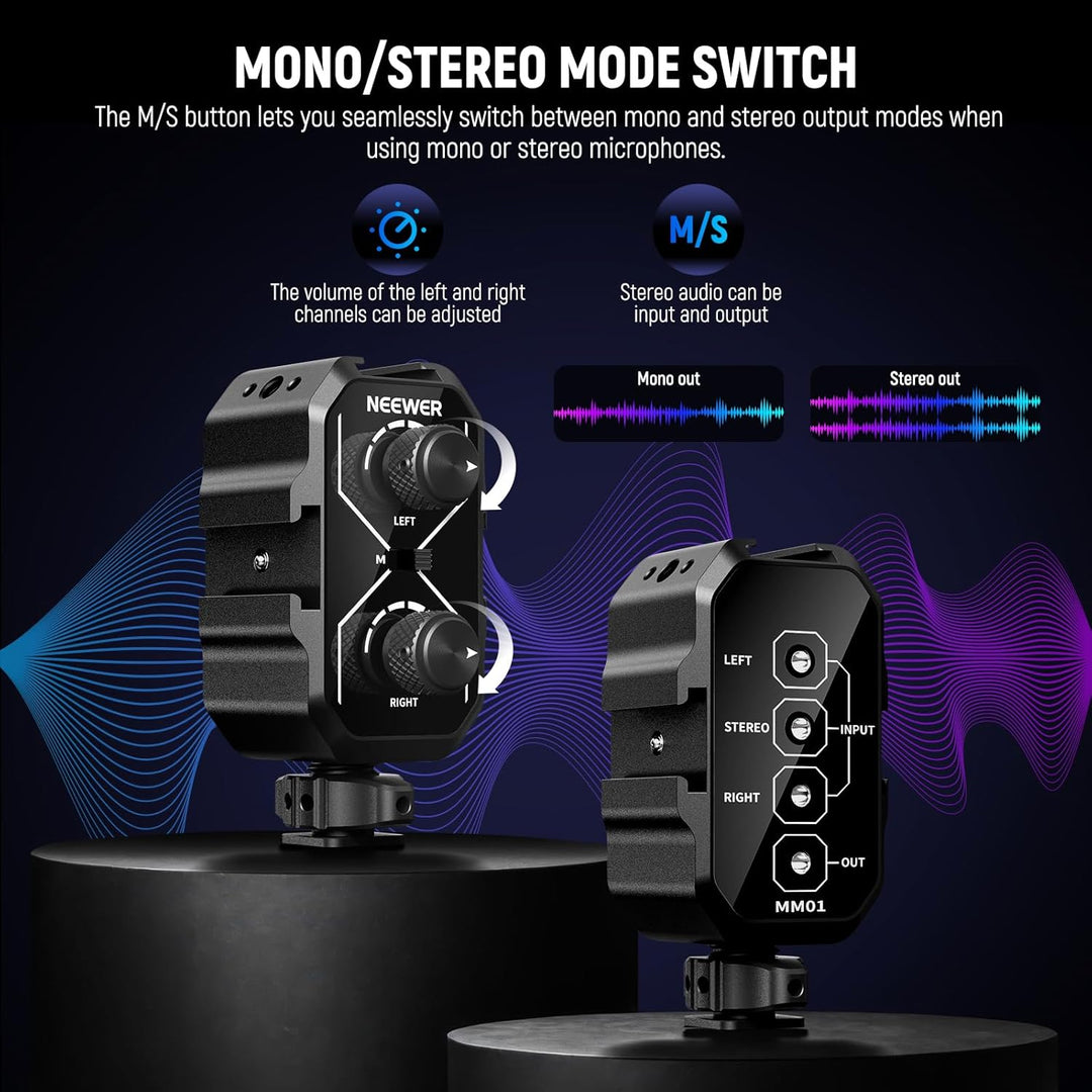 NEEWER MM01 Zweikanal Mikrofon Audiomixer Adapter mit 3,5mm TRS Kabel, Stereo und Mono Schalter, Col