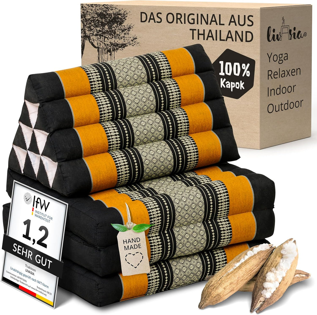 livasia Thaikissen mit 3 Auflagen, Dreieckskissen mit Klappmatratze, Keilkissen Kapok, Rückenkissen