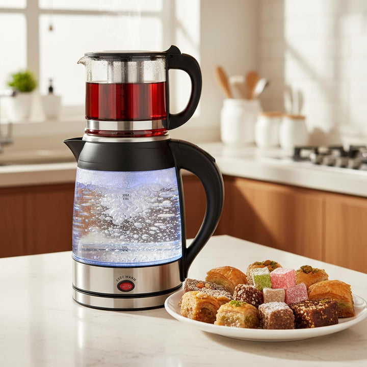 Siberg Teekocher Set 3-in-1 – Türkische Teemaschine mit 1,8L Wasserkocher, 800ml Glaskanne, 2200W Le