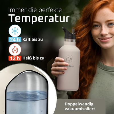 Trinkflasche Edelstahl mit Strohhalm, Infuser + 3 Deckel: BPA-frei, Auslaufsicher, Kohlensäure geeig