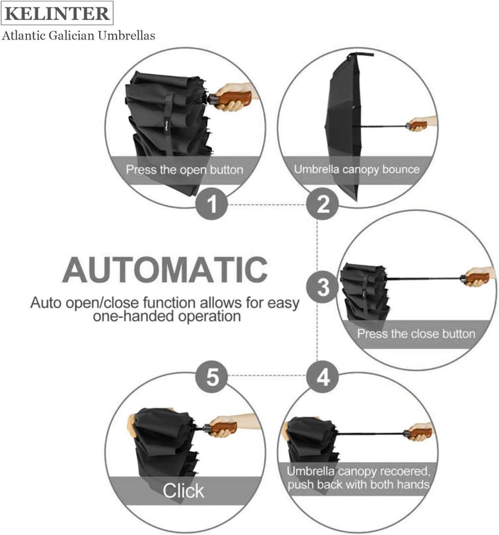 Automatischer Klappschirm - 10 Verstärkte Streben, Teflon 300T, Windsicher, Holzgriff Ergonomisch, K