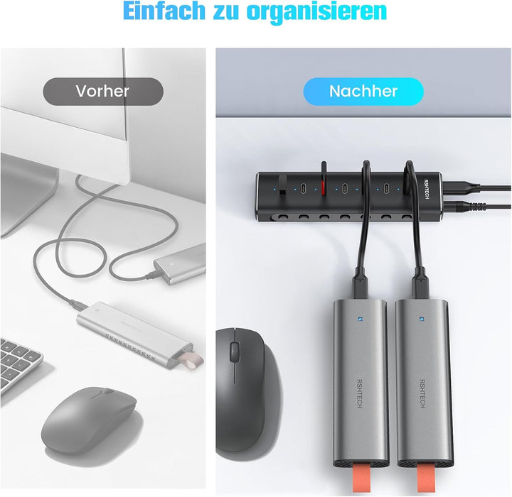 RSHTECH Alle 7 Anschlüsse sind USB-C Hub 3.2 mit Netzteil - Aktiver Verteiler 3.1 - Aktiv Schaltbaer