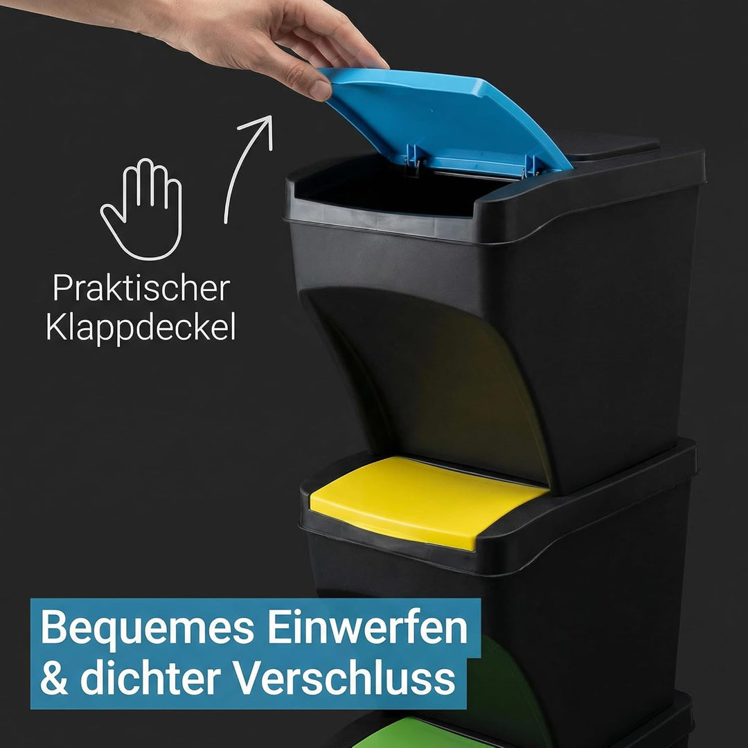 Practic 3 x 25L Mülleimer Küche Stapelbox 3 Fächer - Mülltonnenbox 3er - Abfalleimer Küche mit Decke