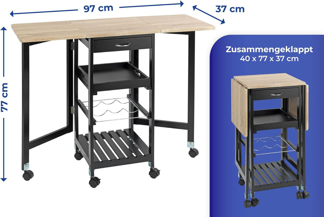 Maximex Küchenwagen mit Rollen 97x77x37cm, rollbarer Servierwagen mit ausklappbaren Seitenteilen & h