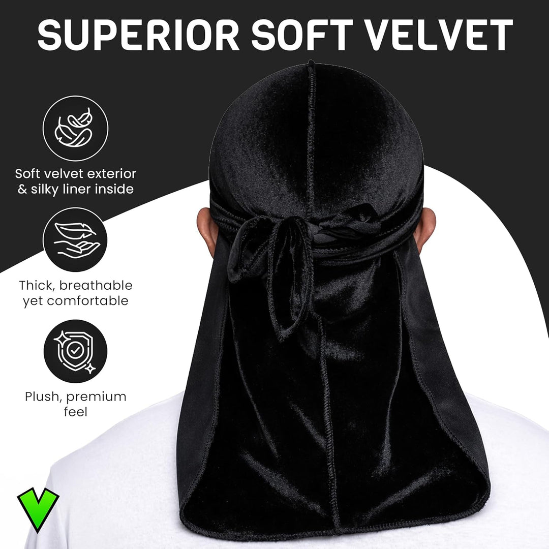 Veeta Superior Velvet Durag – Weiche Samt-Durags für Männer und Frauen, Lange, doppelt breite Träger