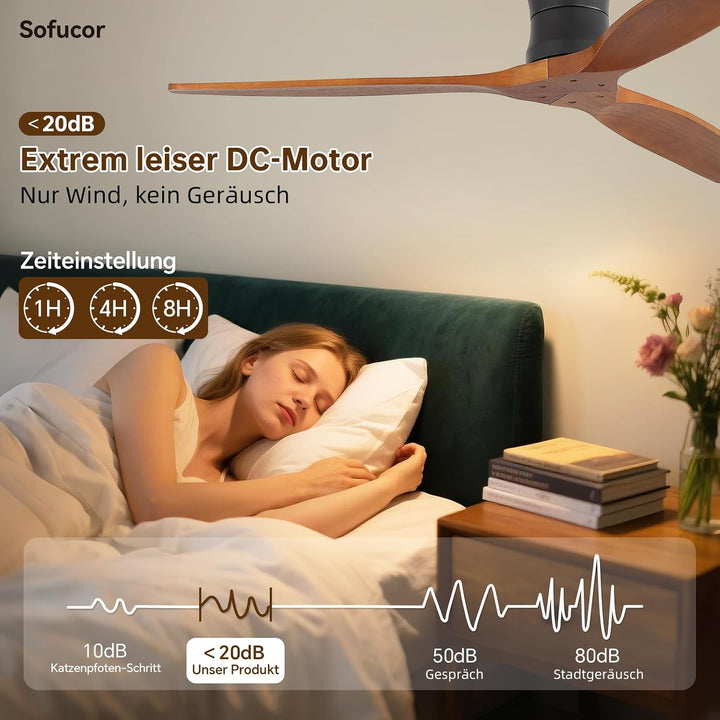Sofucor 132cm Deckenventilator mit Fernbedienung, Massivholz Deckenventilator ohne Licht, Leise DC M