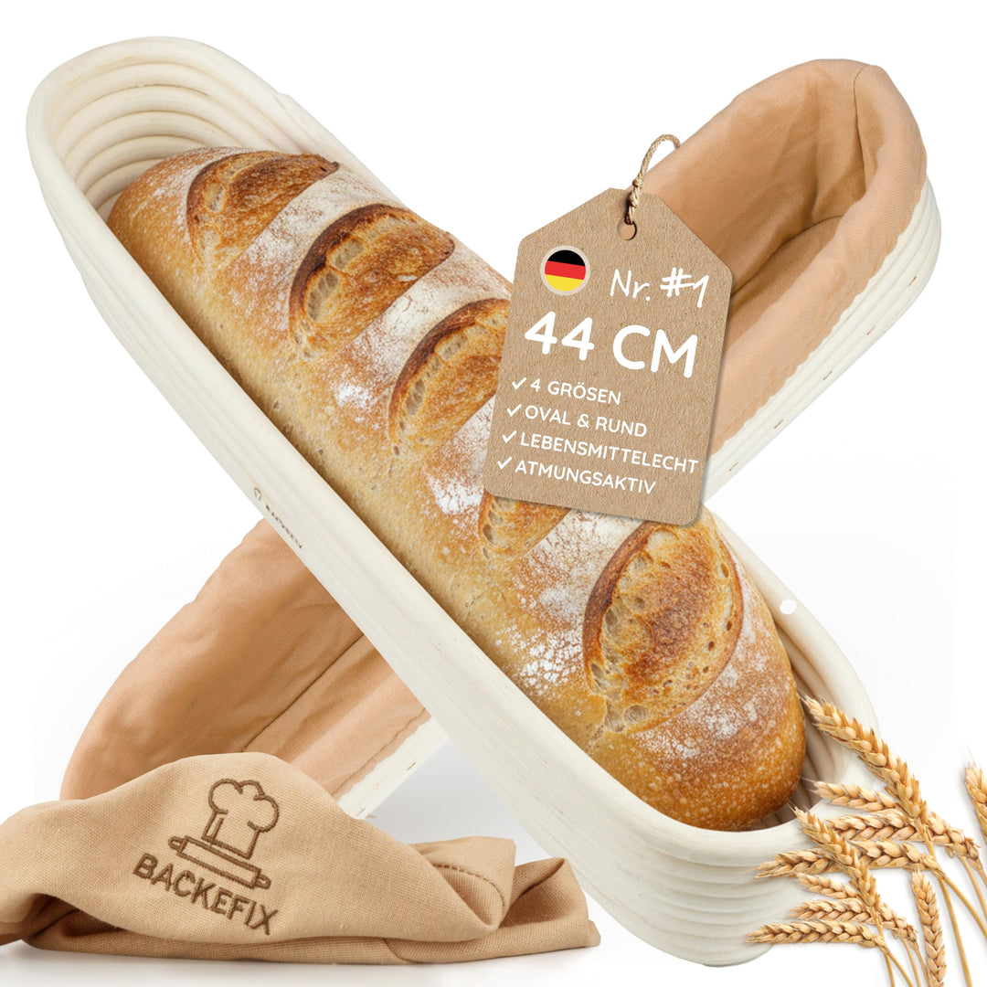 Backefix Gärkörbchen oval 44cm für Baguette | länglicher Gärkorb handgefertigt aus Rattan mit Leinen