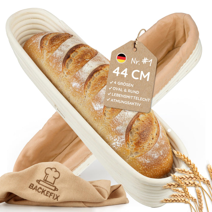 Backefix Gärkörbchen oval 44cm für Baguette | länglicher Gärkorb handgefertigt aus Rattan mit Leinen