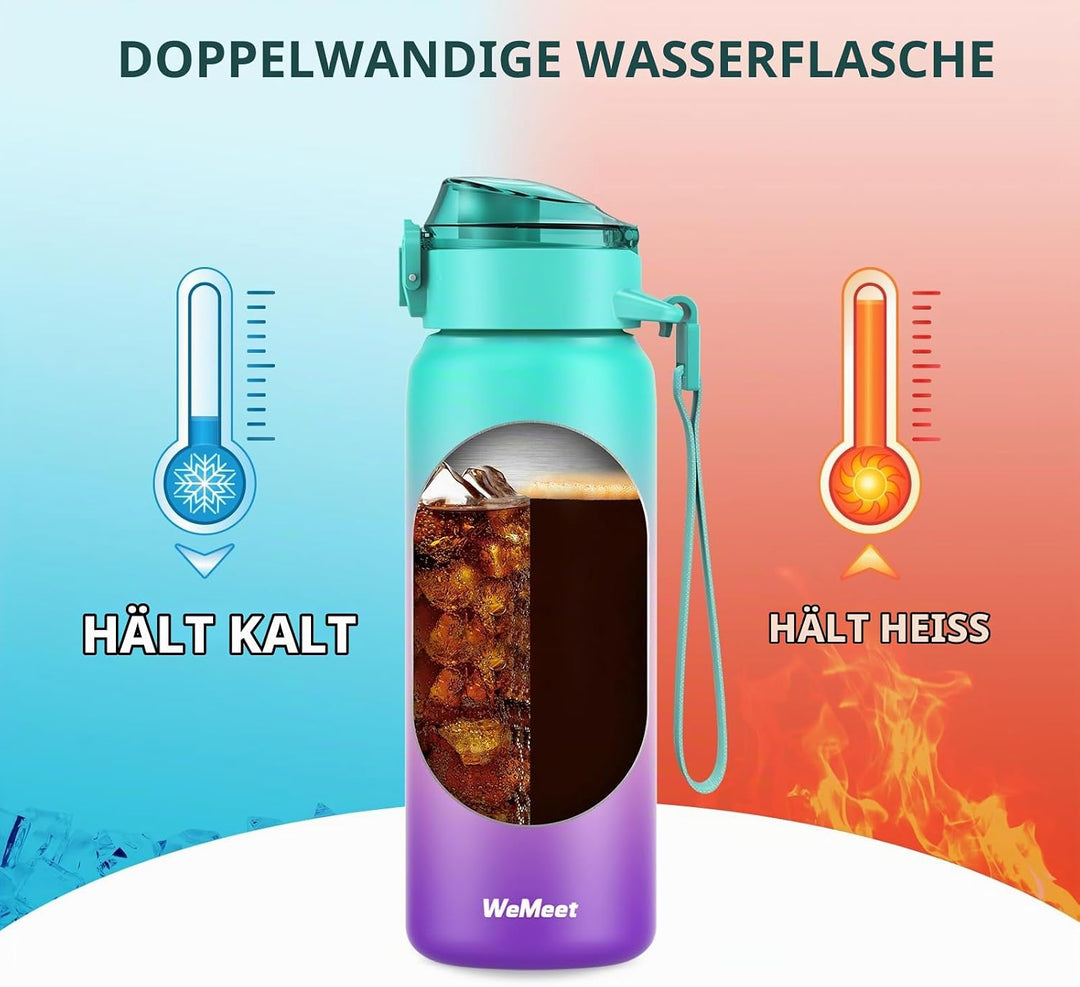 WEMEET Trinkflaschen Edelstahl 500ML mit Abnehmbare Strohhalm, [18/10 Edelstahl] Wasserflasche mit R