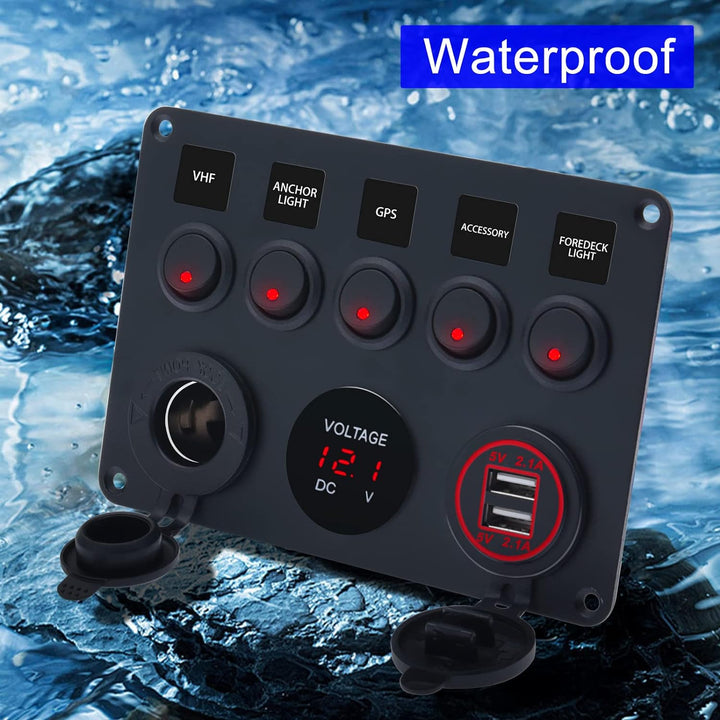 KAOLALI Schaltpanel 12V/24V Kippschalter 5 Gang IP65Wasserdicht + 4.2A Dual USB Ladegerät + Zigarett