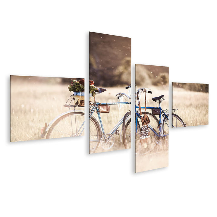islandburner Bild auf Leinwand Zwei Fahrräder Im Feld Mit Blumenkorb Bei Sonnenuntergang Bilder Wand