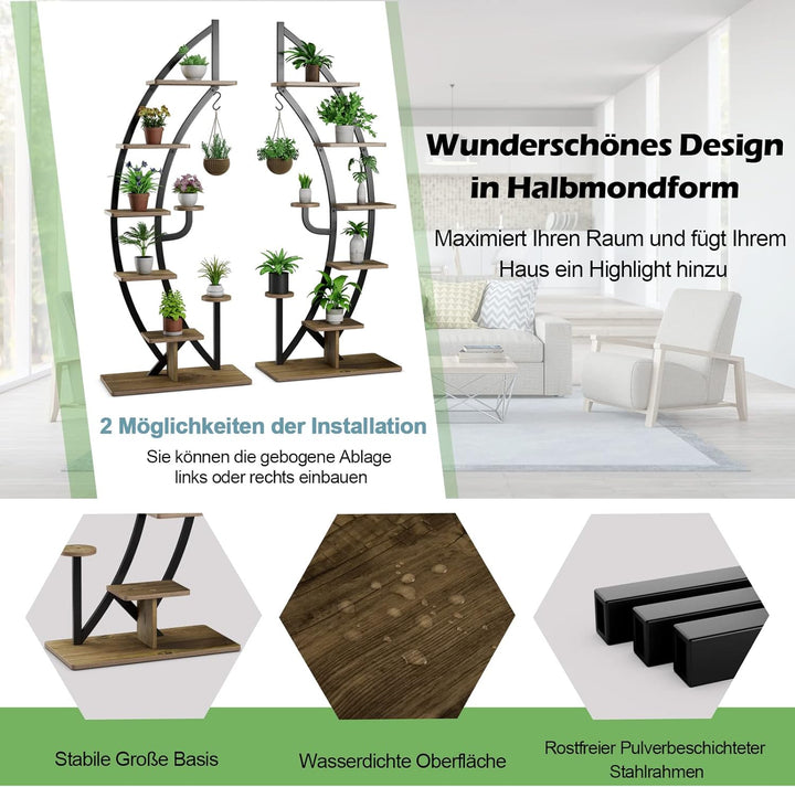 COSTWAY 6-stufiger Metall-Pflanzenständer in Halbmondform, Blumenregal mit 2 kleine Ablagen & oberem