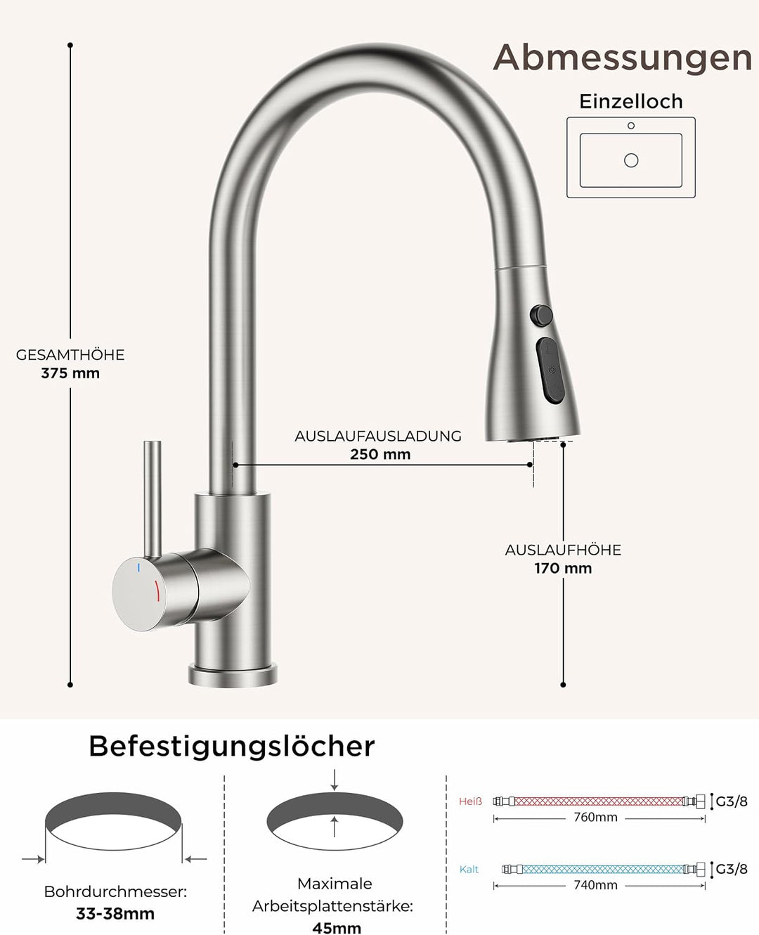 FORIOUS Wasserhahn Küche, Küchenarmatur mit Herausziehbarer Brause Ausziehbar Armatur, Mischbatterie