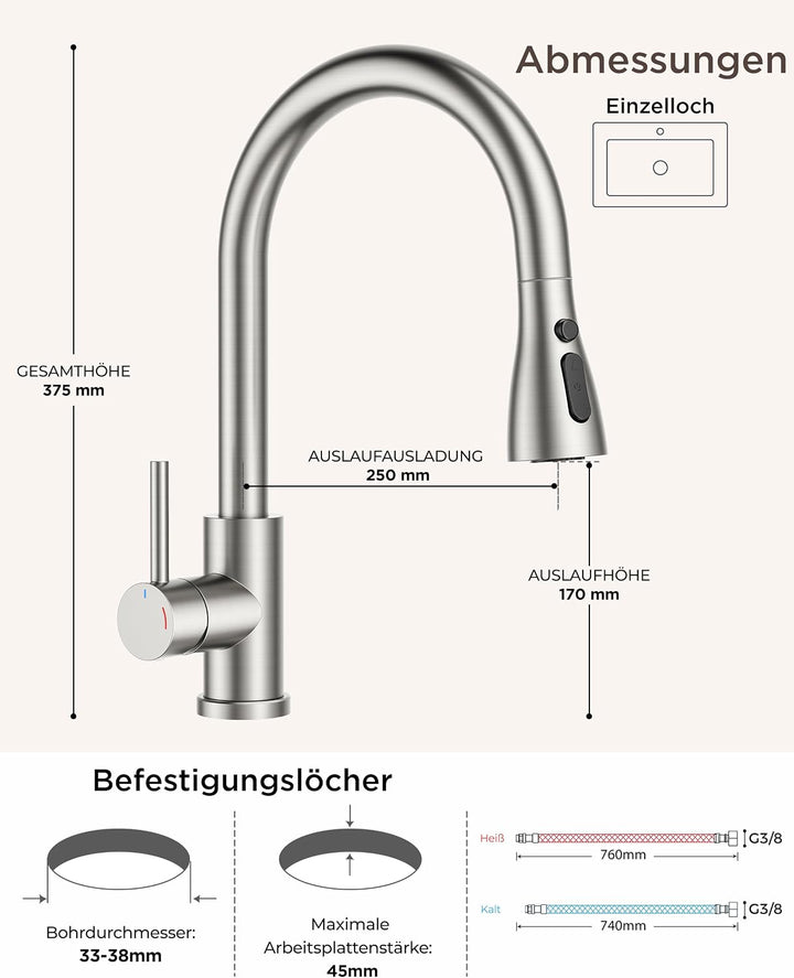 FORIOUS Wasserhahn Küche, Küchenarmatur mit Herausziehbarer Brause Ausziehbar Armatur, Mischbatterie