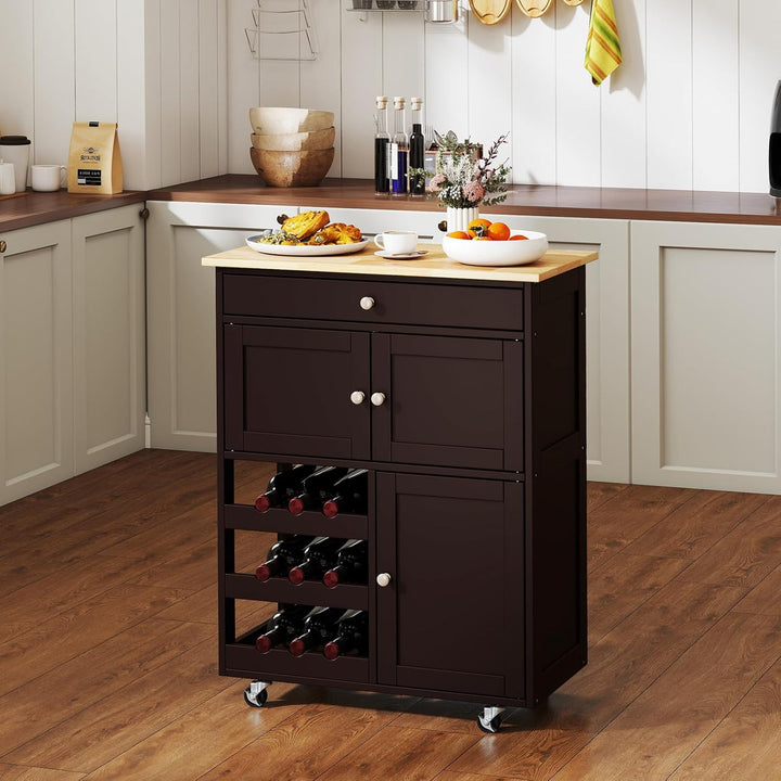 KOMFOTTEU Küchenwagen auf Rollen, Kücheninsel mit Weinregal & 2 Schränke & Schublade, Servierwagen a