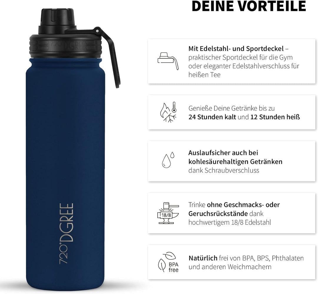 720°DGREE Edelstahl Trinkflasche “noLimit” – 1200ml - Auslaufsicher, Kohlensäure geeignet, BPA-Frei