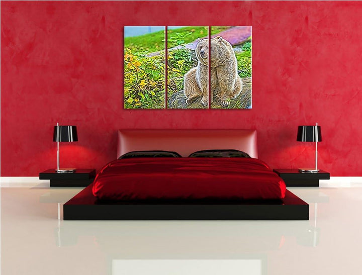 niedlicher Grizzly auf Stein Spezial 3-Teiler Leinwandbild 120x80 Bild auf Leinwand, XXL riesige Bil