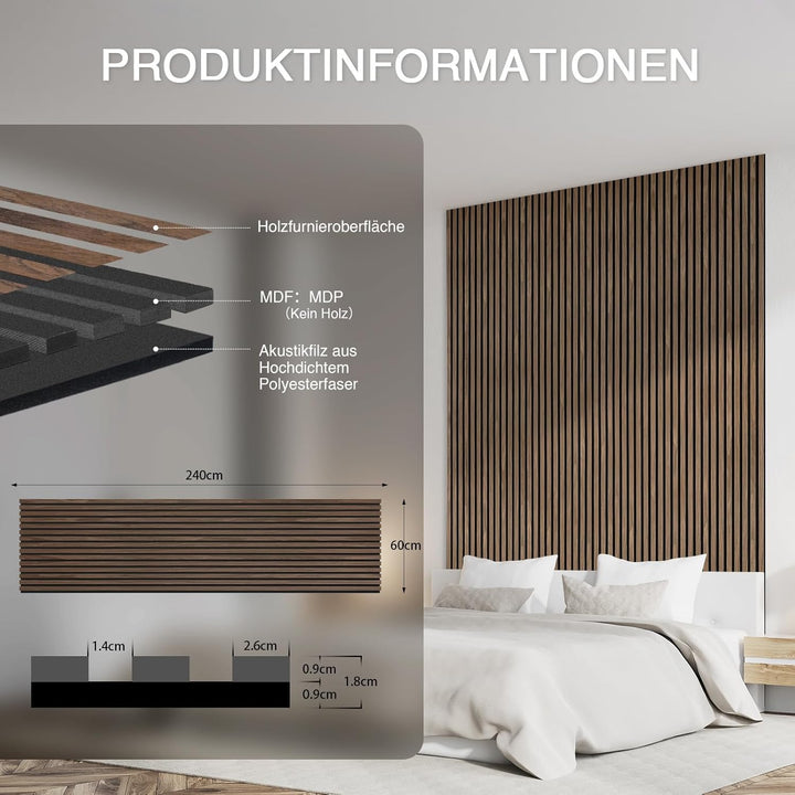 Akustikpaneele Holz 240x60cm(8,64m²),6 Pack Wandpaneele mit Holzfunier & Filz,Holzpaneele Wand für Z