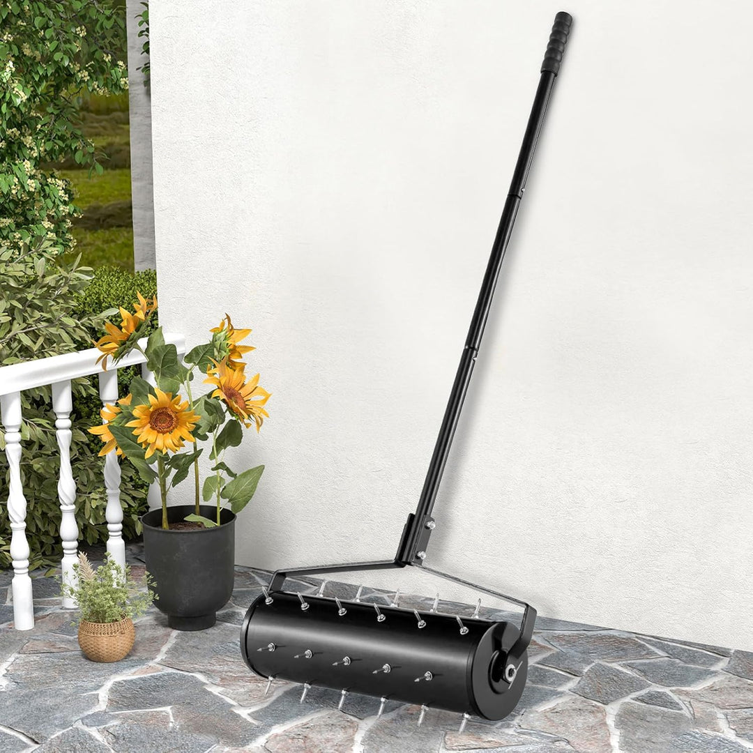 GOPLUS Rasenbelüfter, Handvertikutierer mit Stiel & 3,4cm Nägeln, rollender Aerifizierer, manueller