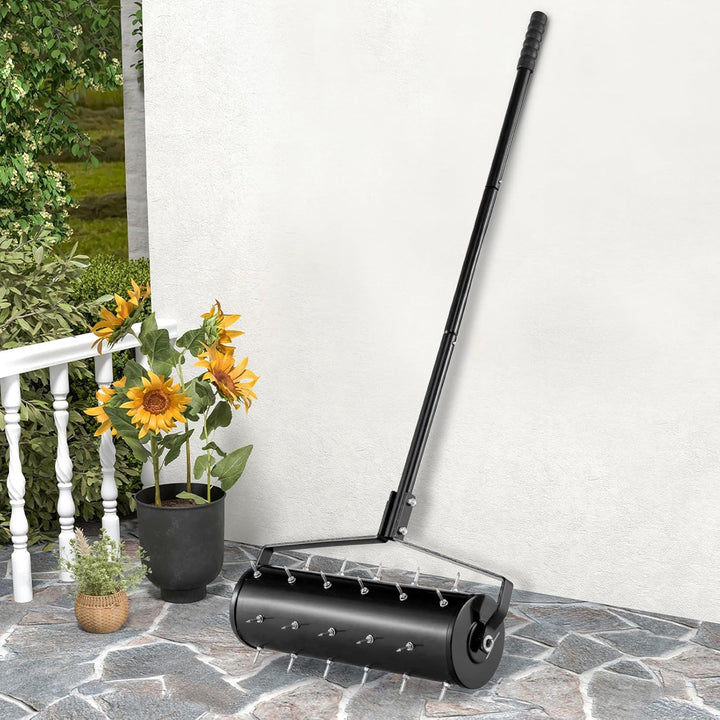 GOPLUS Rasenbelüfter, Handvertikutierer mit Stiel & 3,4cm Nägeln, rollender Aerifizierer, manueller