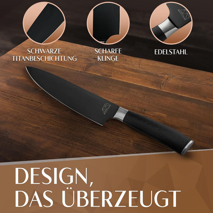 Glavory - Küchenmesser mit schwarzer Klinge und Holzgriff - 20cm Klinge - Kochmesser mit extrem scha