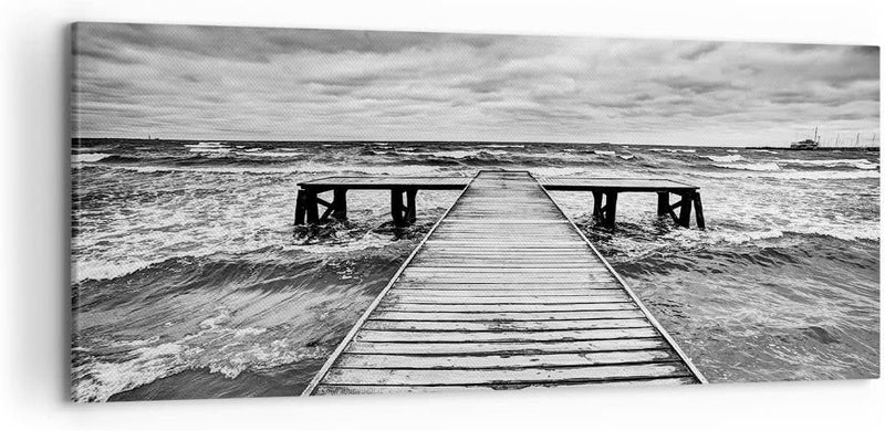 Wandbilder Dekoration Wohnzimmer Brücke Meer Welle Panorama Bilder auf Leinwand 120x50cm Leinwandbil