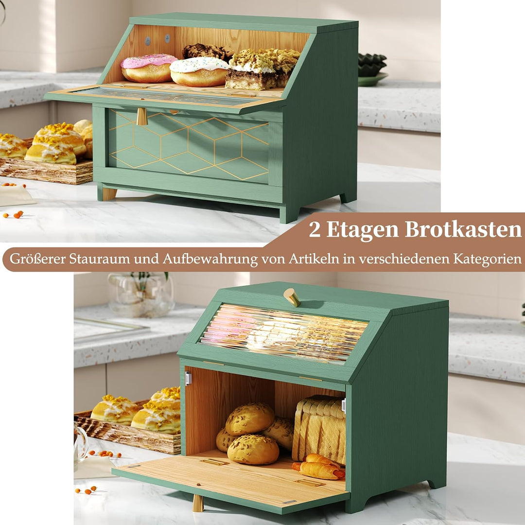 Brotkasten Holz, 2 Etagen Brot Aufbewahrungsbox, Grün Brotkasten Gross Mit Transparentem Fenster Bro