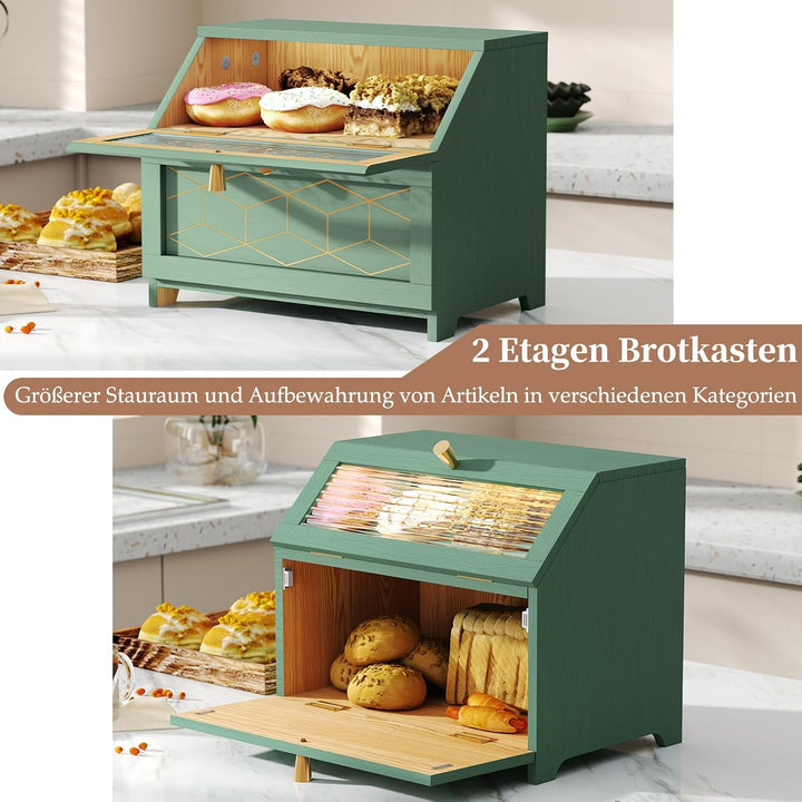Brotkasten Holz, 2 Etagen Brot Aufbewahrungsbox, Grün Brotkasten Gross Mit Transparentem Fenster Bro