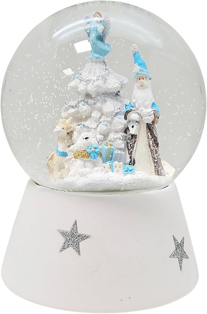 Schneekugel Weihnachten | Weihnachtsmann türkis Silber weiss | Sockel weiss gerade Sterne | H:16 cm