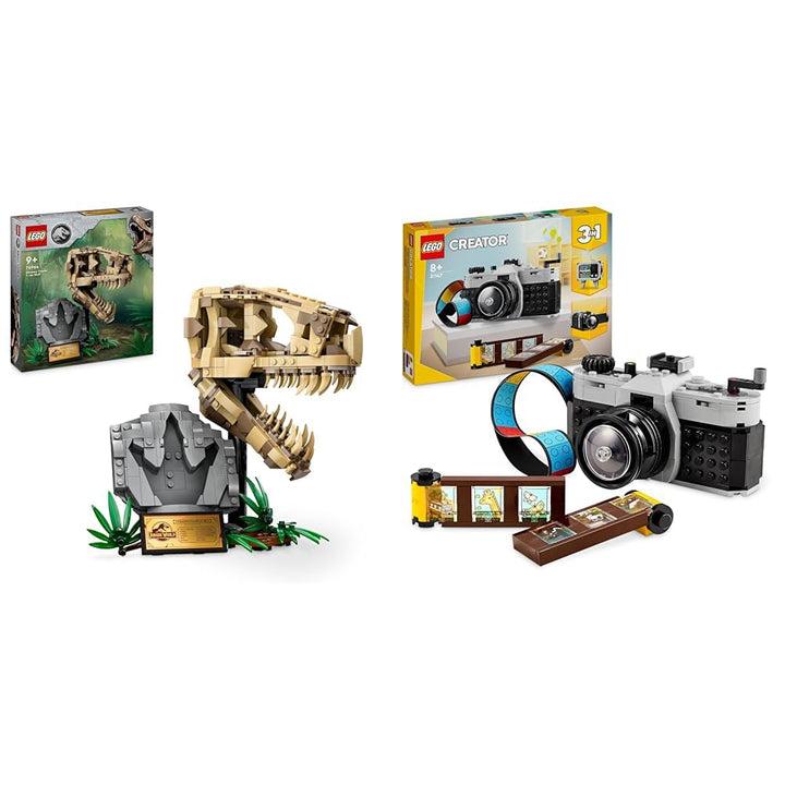 LEGO Jurassic World Dinosaurier-Fossilien: T.-rex-Kopf & Creator 3in1 Retro Kamera Spielzeug mit 3 M