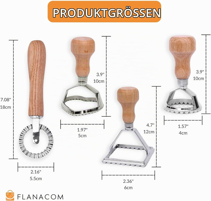 Ravioli Ausstecher Set mit Teigtaschenformer und Teigrädchen - aus hochwertigem Buchenholz und rostf