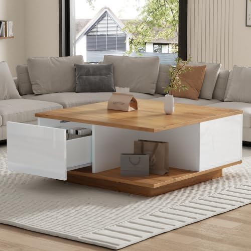 Merax Moderner Couchtisch Weiss + Holzfarbe – Quadratischer Sofatisch mit 3 Schubladen und Hochglanz
