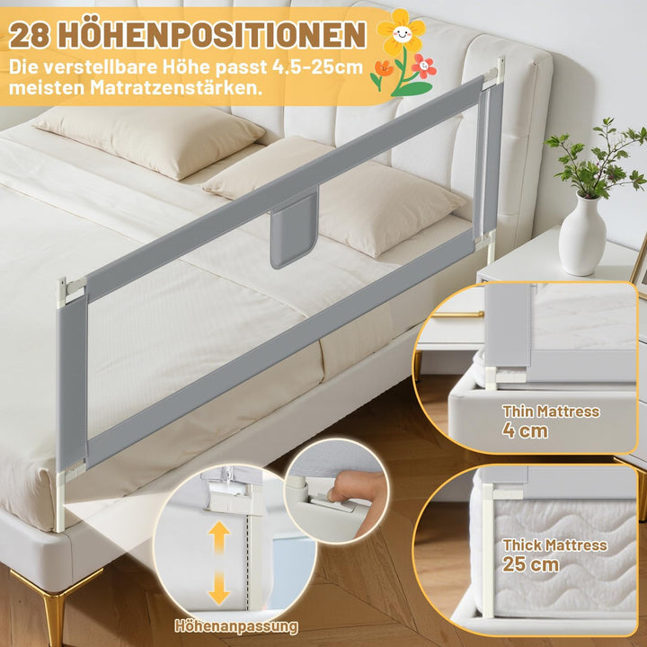 Bettgitter 200cm, Bettgitter Rausfallschutz Bett Höhenverstellbar 64-96cm, Bettschutzgitter Kinderbe
