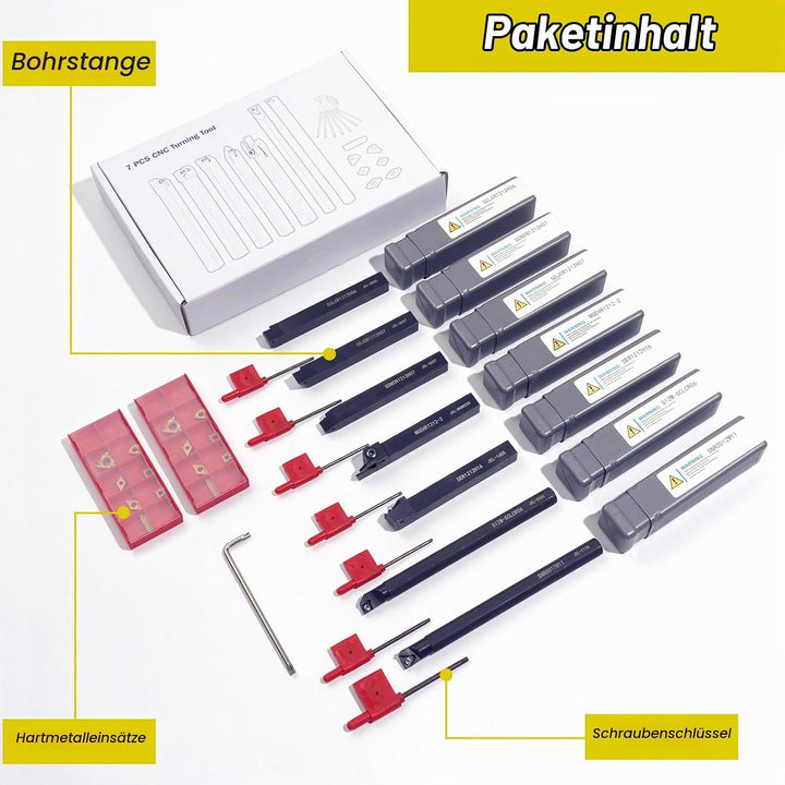 Drehwerkzeughalter Set 12mm, Inhalt 7 Stk.12mm Schaft-Bohrstangenhalter,14 Stk. Hartmetall-Wendeschn