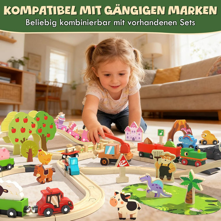Lehoo Castle Holzeisenbahn, Holz Bauernhof Spielzeug, Holztiere, Kuhstall Spielzeug ab 3 4 5 Jahre M