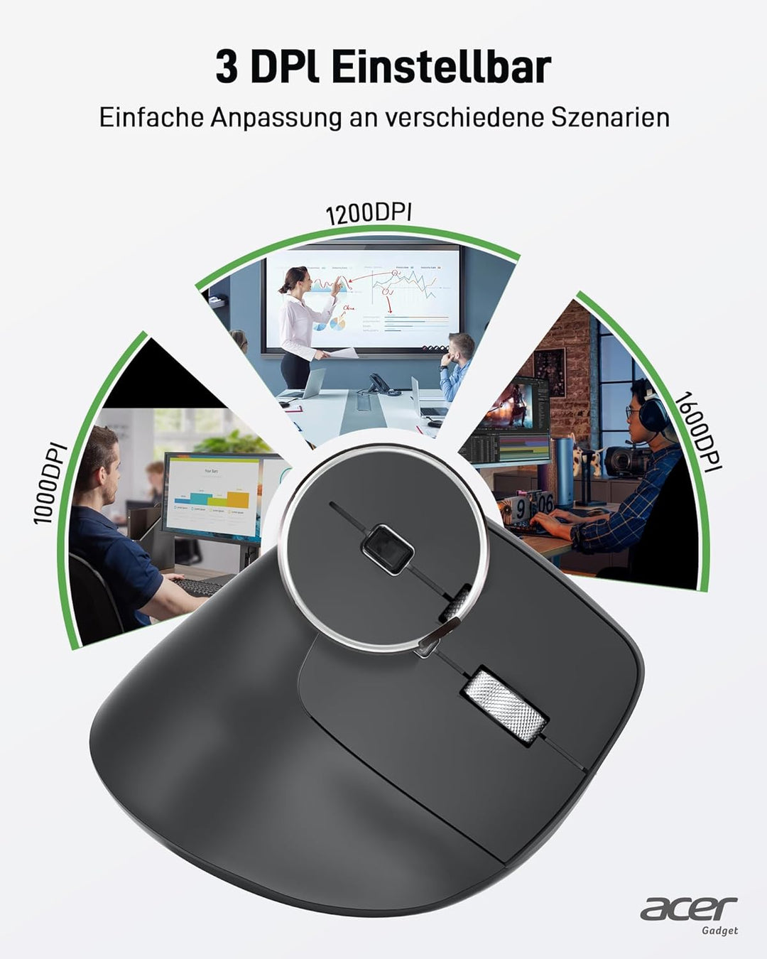 acer Ergonomische Maus Kabellos, Wiederaufladbare 2.4GHz Vertikale Maus mit 3 Einstellbaren DPI, 6 T