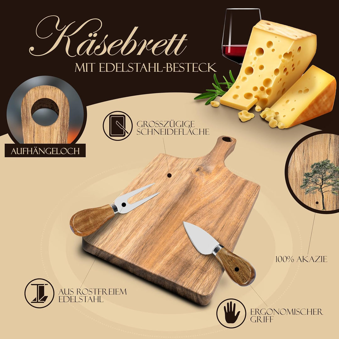 Premium Käsebrett, Schneidebrett aus Holz, 28 x 14 x 1,6 cm, Käsebrett mit Messer Käseschaber Käsepl