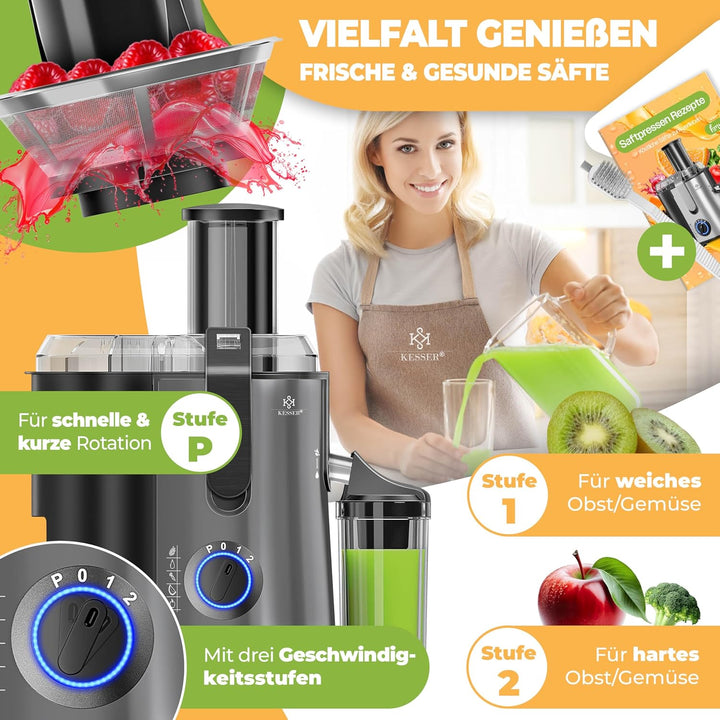 KESSER® Zentrifuge Entsafter für Obst | Gemüse aus Edelstahl 1100W, grosse Fütterungsröhre, 3 Stufen
