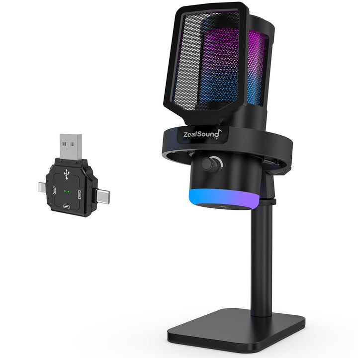 zealsound Kabellos USB Kondensator Mikrofon für PC Laptop & Handy, RGB Desktop Gaming Mikrofon, 24Bi