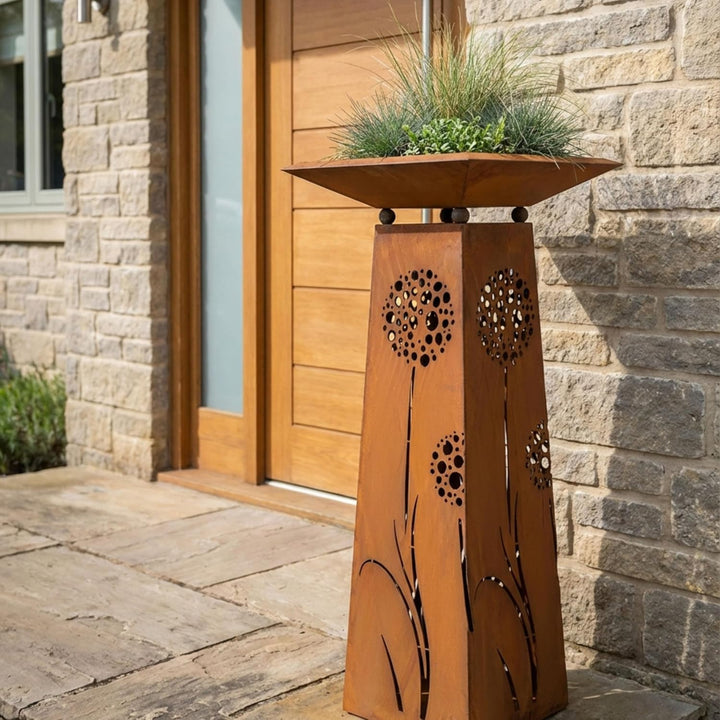 Rostikal Pusteblumen Gartendeko Rost Säule 1,15 m mit Blumenschale 50 x 50 cm Mit Schale 50 X 50 Cm