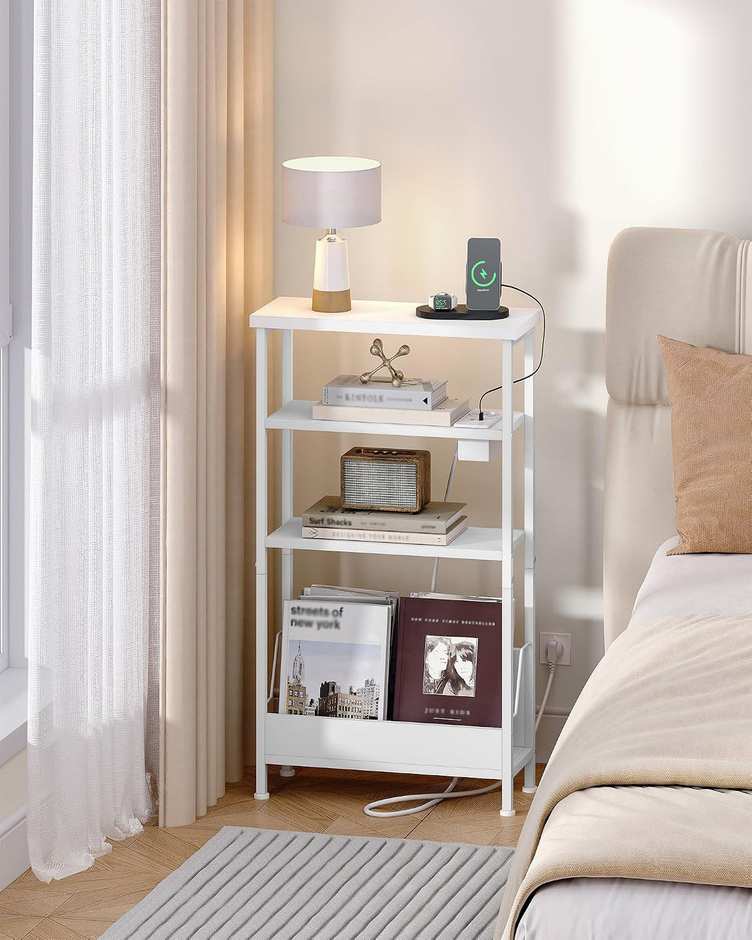 Hzuaneri Beistelltisch Schmal, 4-Stufiger Beistelltisch Couch mit Zeitschriftenhalter und Ladesteckd