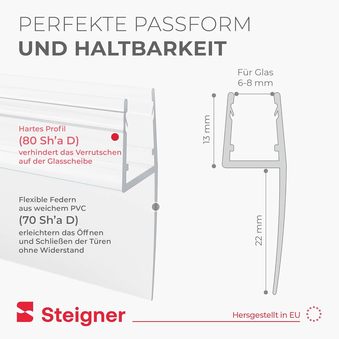 STEIGNER Duschdichtung, 120cm, Glasstärke 6/7/ 8 mm, Vorgebogene PVC Ersatzdichtung für Runddusche,