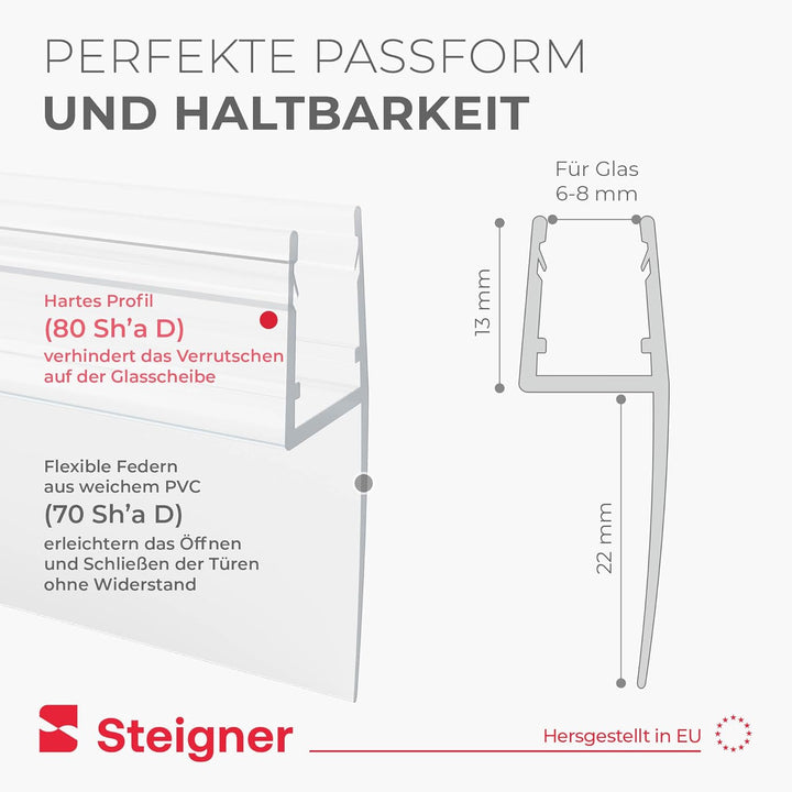 STEIGNER Duschdichtung, 120cm, Glasstärke 6/7/ 8 mm, Vorgebogene PVC Ersatzdichtung für Runddusche,