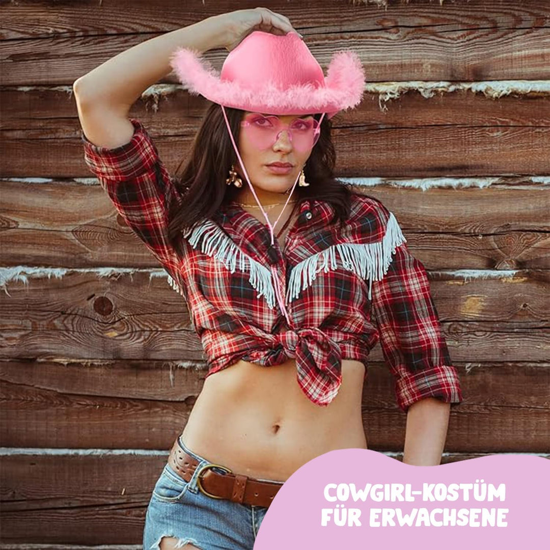Rosy® Cow Girl Kostüm mit Rosa Hut und Herzförmiger Brille | Western-Stil mit diesem Cowboy Verkleid