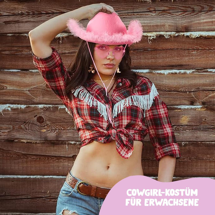 Rosy® Cow Girl Kostüm mit Rosa Hut und Herzförmiger Brille | Western-Stil mit diesem Cowboy Verkleid