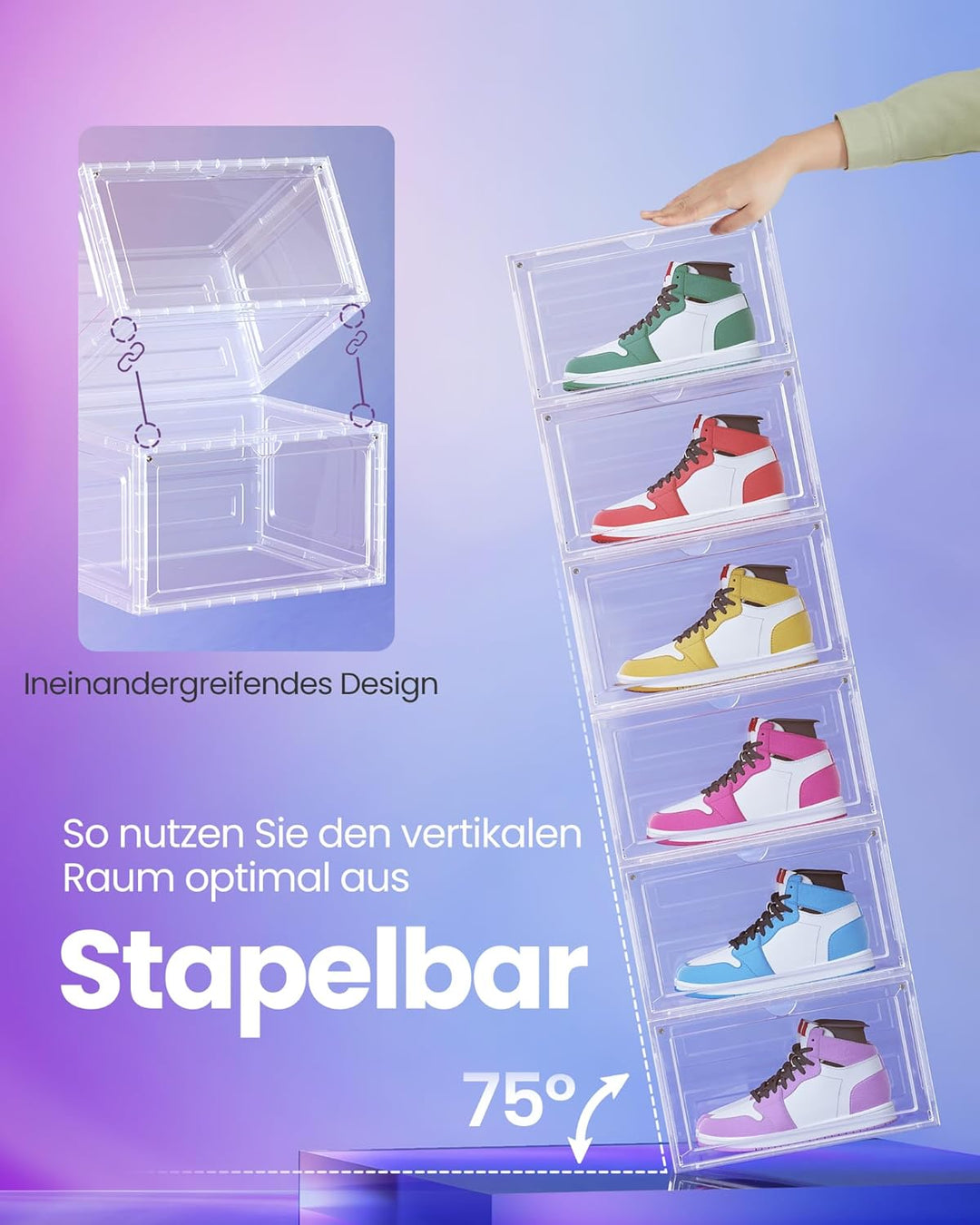 SONGMICS Schuhboxen 6er Set, Schuh-Organizer durchsichtig, aus Kunststoff, mit Tür, stapelbar, 33 x