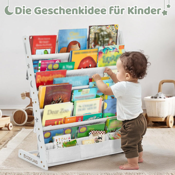 COSYLAND Bücherregal Kinder mit 6 Oxford-Stoff Fächern - Kinderbücherregal aus Naturholz - Bücherreg