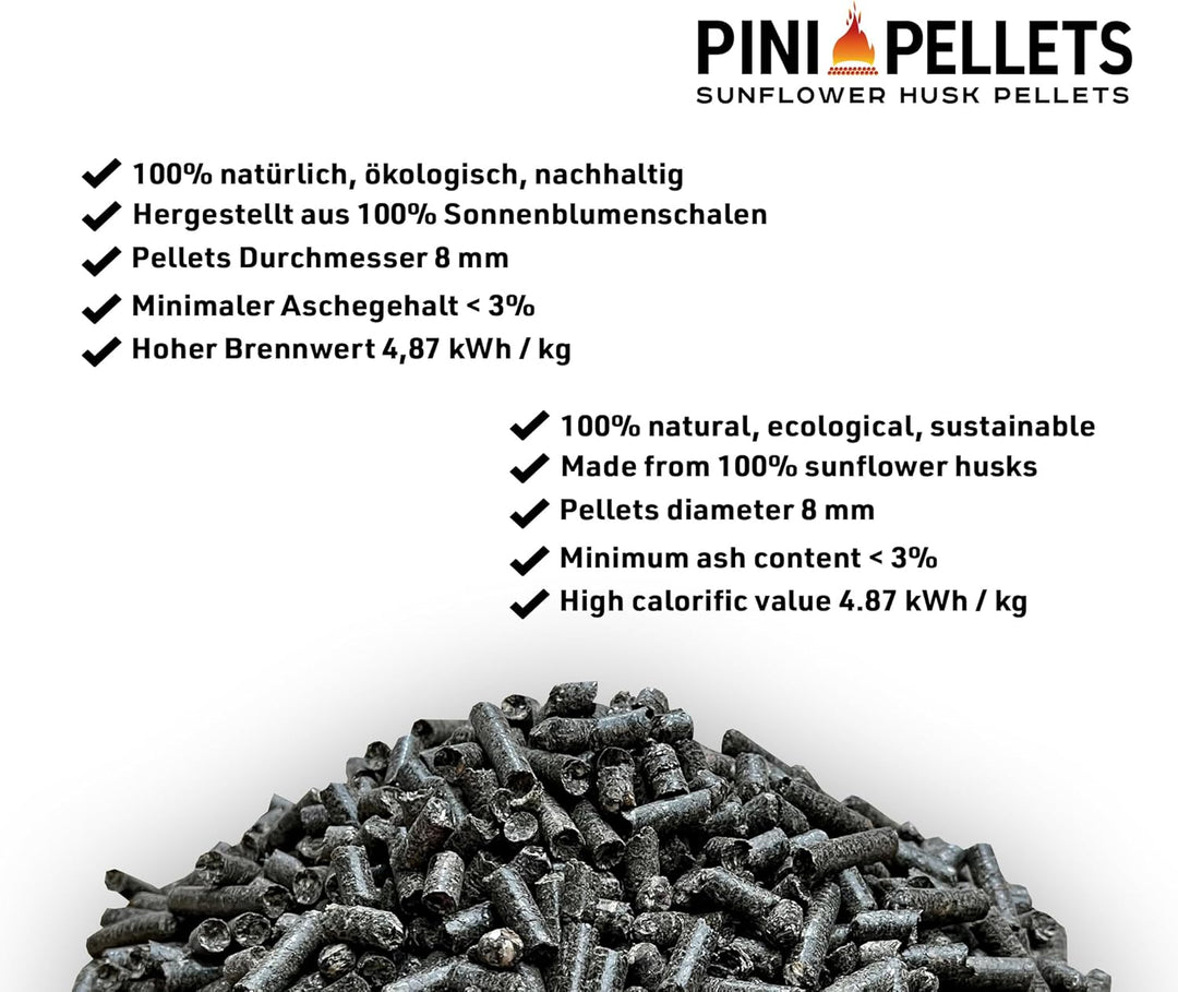 PINI Sonnenblumenschalen Pellets 30 kg Durchmesser 8 mm Heizpellets Einstreupellets (Alternative für