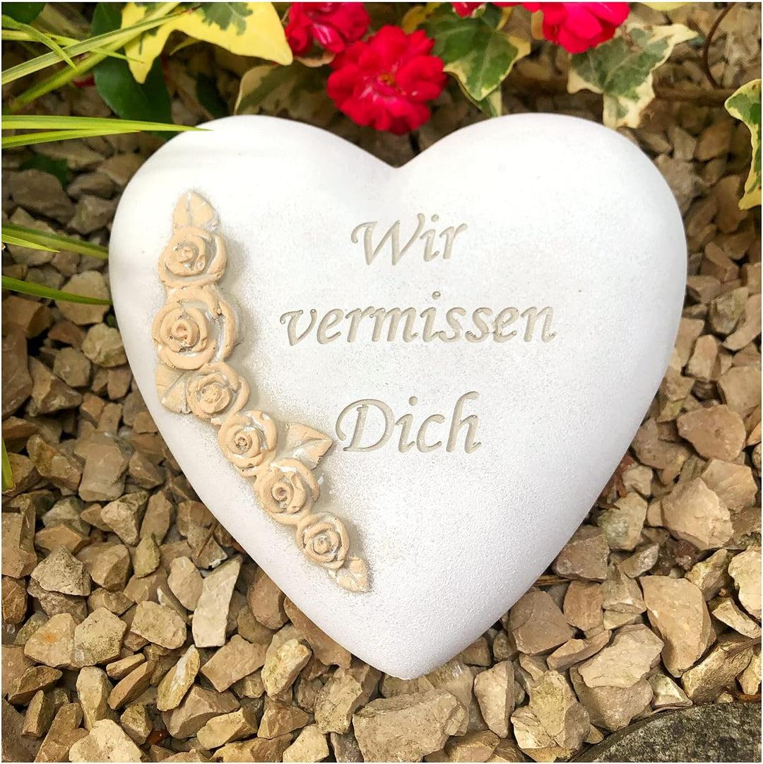 Radami XXL Grabherz Spruch Grabschmuck Grab Herz - Wir vermissen Dich - ca.1200g Rosenranke Sand